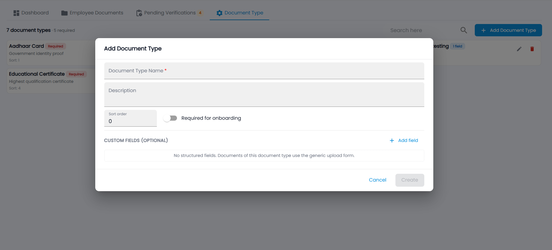 Tazk Payroll Add Document Type dialog with Document Type Name, Description, Sort order, Required for onboarding and Custom fields