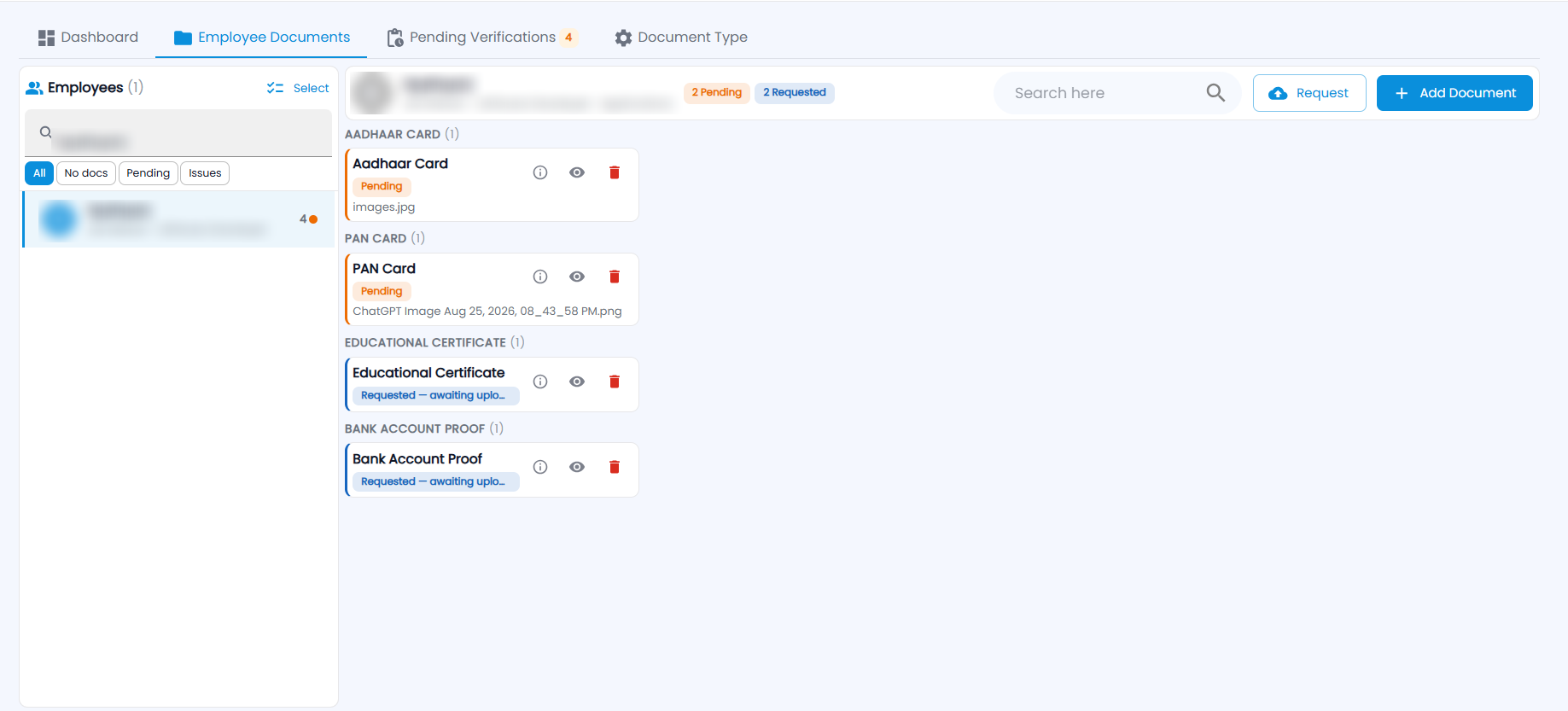 Tazk Payroll Document Management Employee Documents tab with the employee list and an employee's documents grouped by type with Pending and Requested status