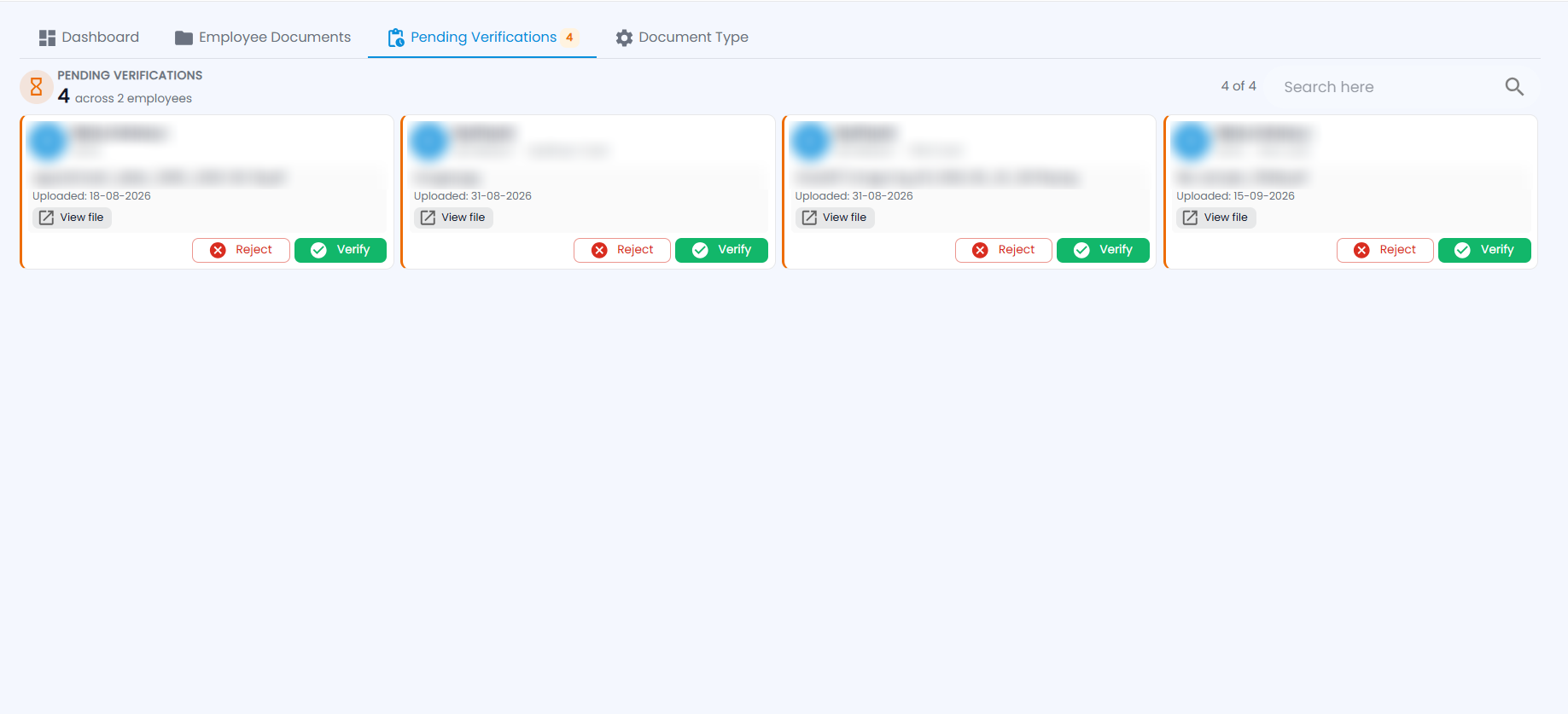 Tazk Payroll Document Management Pending Verifications tab with document cards showing the employee, document type, file name, upload date, View file, Reject and Verify