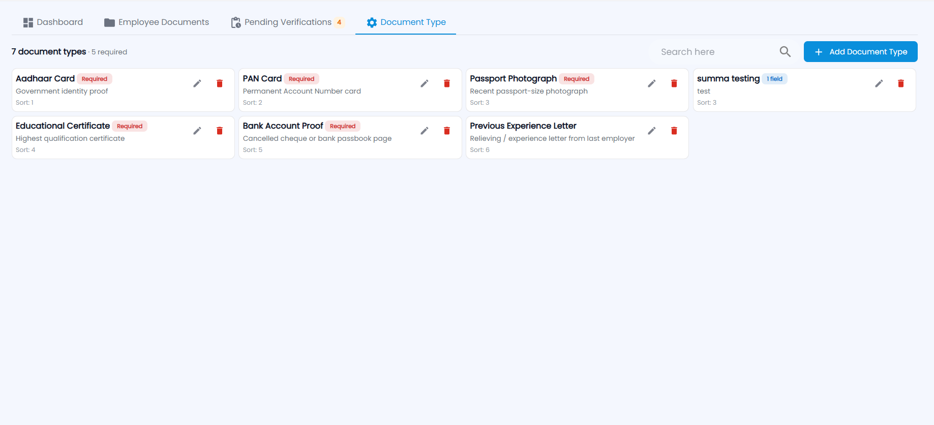 Tazk Payroll Document Management Document Type tab listing document types with Required chips, descriptions, sort order, edit and delete