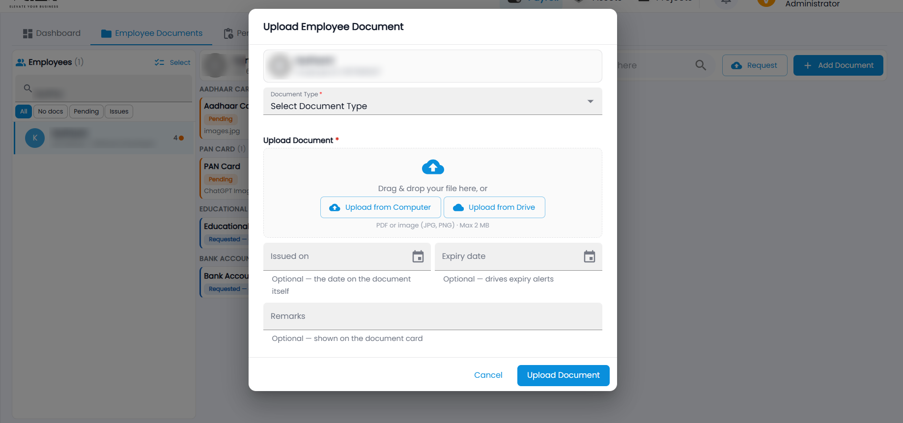 Tazk Payroll Upload Employee Document dialog with Document Type, Upload from Computer or Drive, Issued on, Expiry date and Remarks
