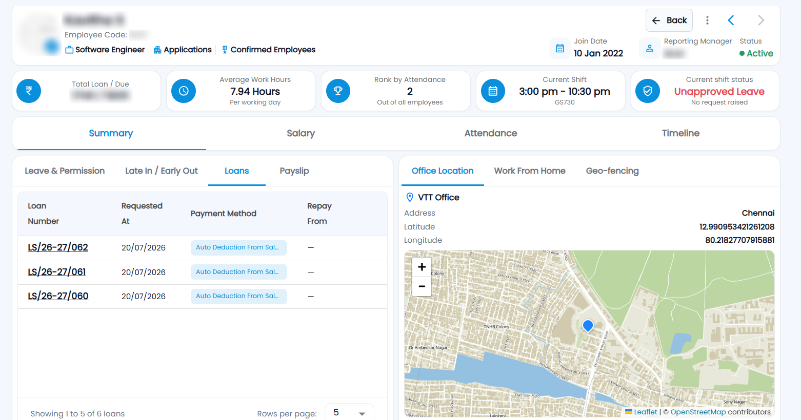 Tazk Payroll employee page with the header, Total Loan, Average Work Hours, Rank by Attendance, Current Shift and shift status cards, and the Summary tab showing loans and office location