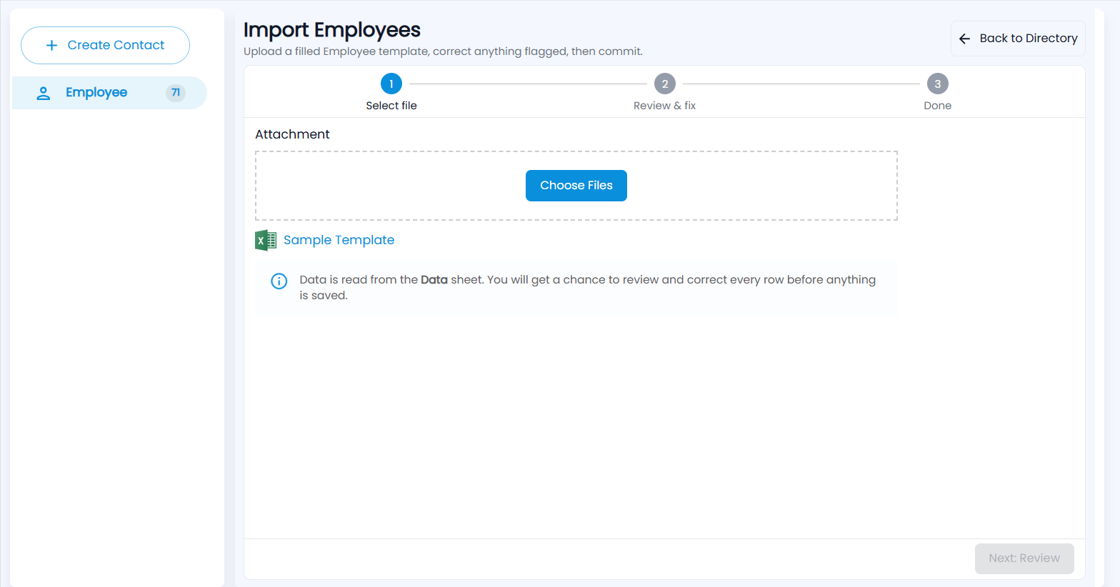 Tazk Payroll Import Employees page, step 1 Select file, with Choose Files, the Sample Template link and the Next: Review button