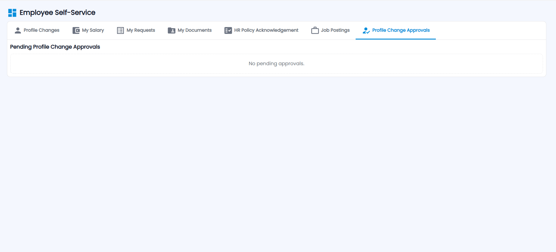 Tazk Payroll Employee Self-Service Profile Change Approvals tab, Pending Profile Change Approvals