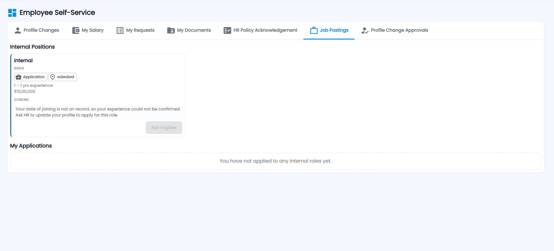 Tazk Payroll Employee Self-Service Job Postings tab with an internal position card and My Applications