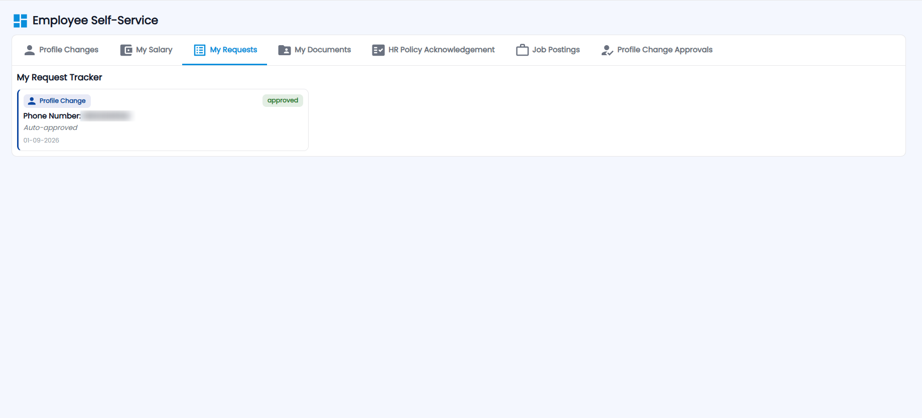 Tazk Payroll Employee Self-Service My Requests tab, My Request Tracker with an approved profile change
