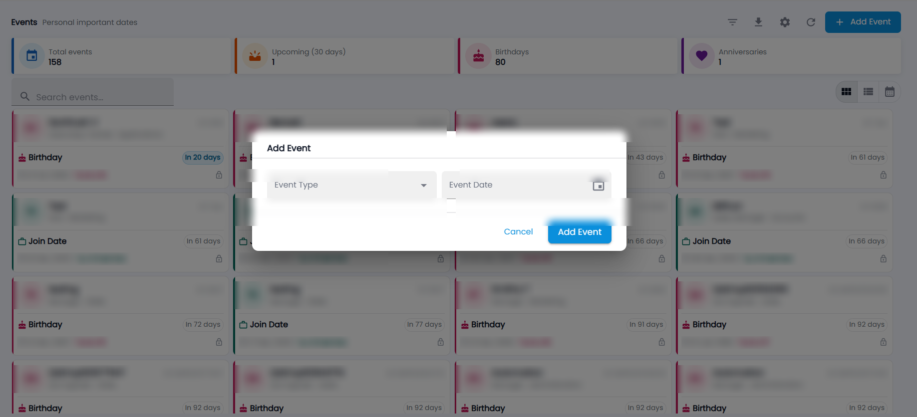 Tazk Payroll Add Event dialog with Event Type and Event Date