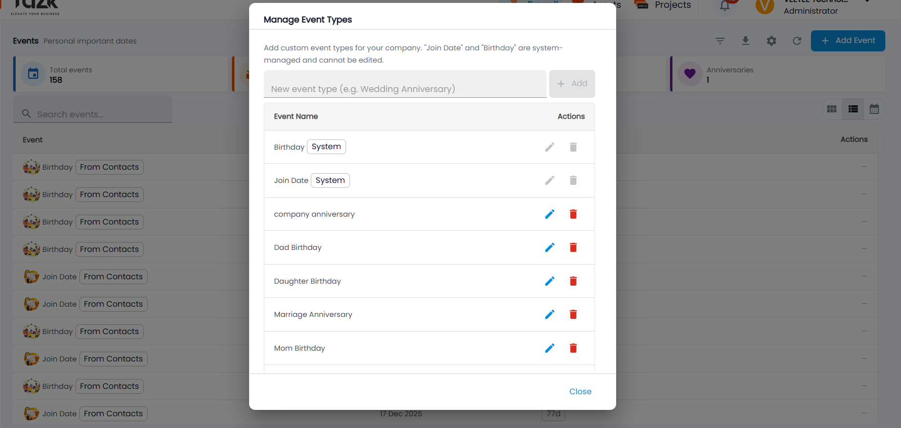 Tazk Payroll Manage Event Types dialog listing Birthday and Join Date as System and custom event types with edit and delete