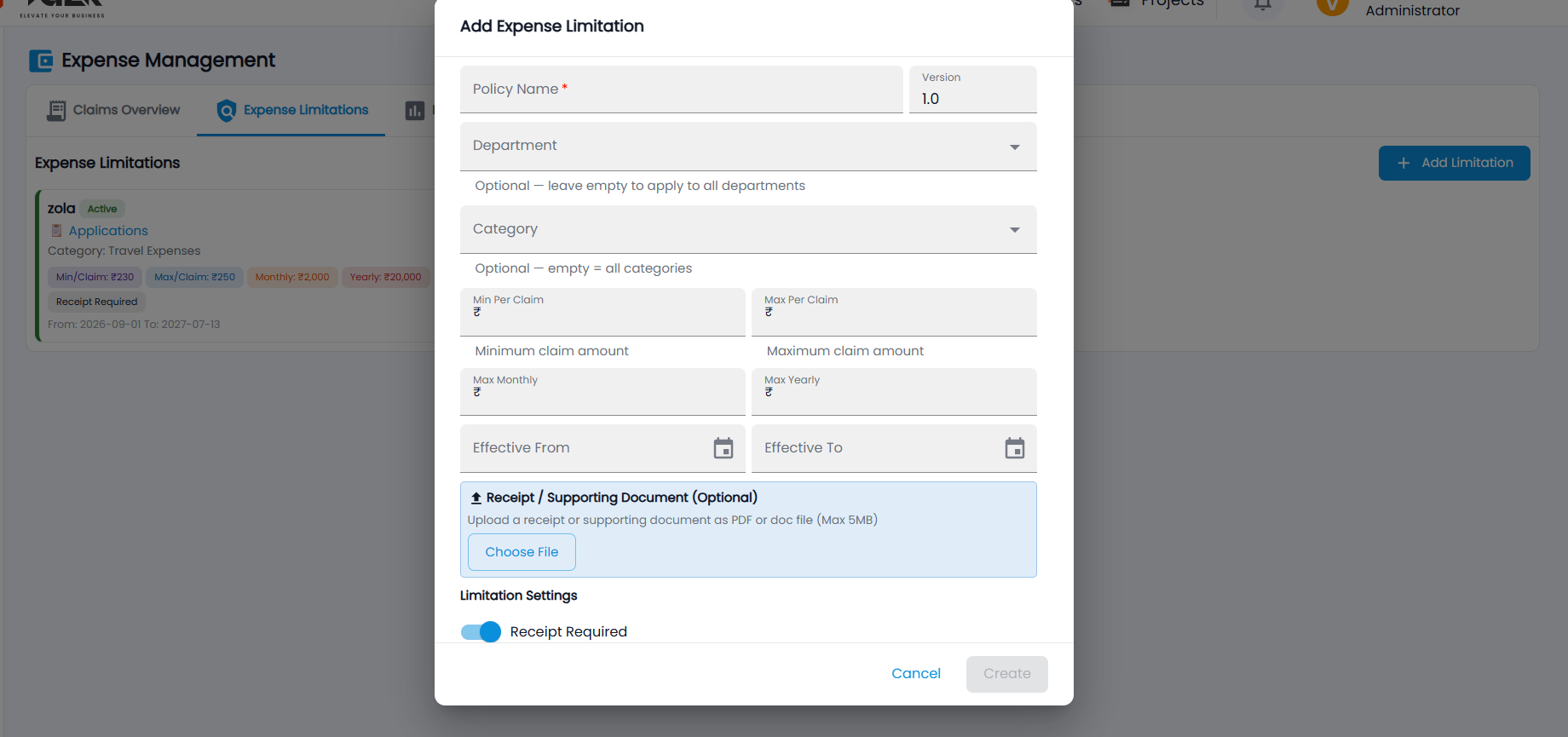 Tazk Payroll Add Expense Limitation dialog with Policy Name, Version, Department, Category, claim and period limits, effective dates, supporting document and Receipt Required