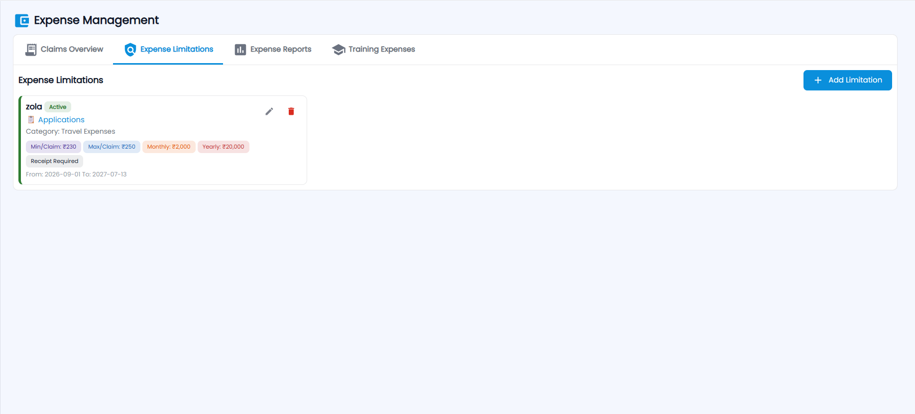 Tazk Payroll Expense Limitations tab with a limitation card showing department, category, min and max per claim, monthly and yearly caps, receipt required and effective dates