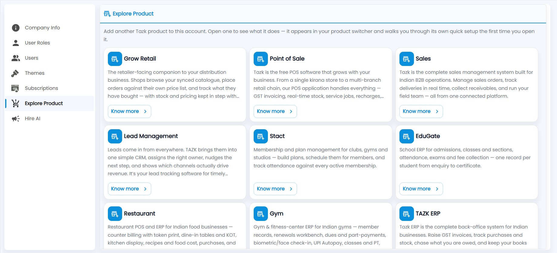Tazk Payroll Settings Explore Product with cards for Grow Retail, Point of Sale, Sales, Lead Management, Stact, EduGate, Restaurant, Gym and TAZK ERP