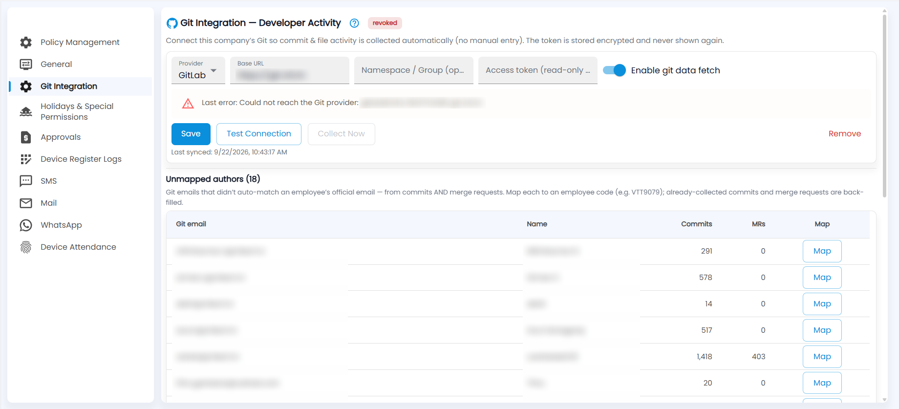 Tazk Payroll Git Integration — Developer Activity with the provider, base URL, namespace and access token fields, the connection buttons and the Unmapped authors list