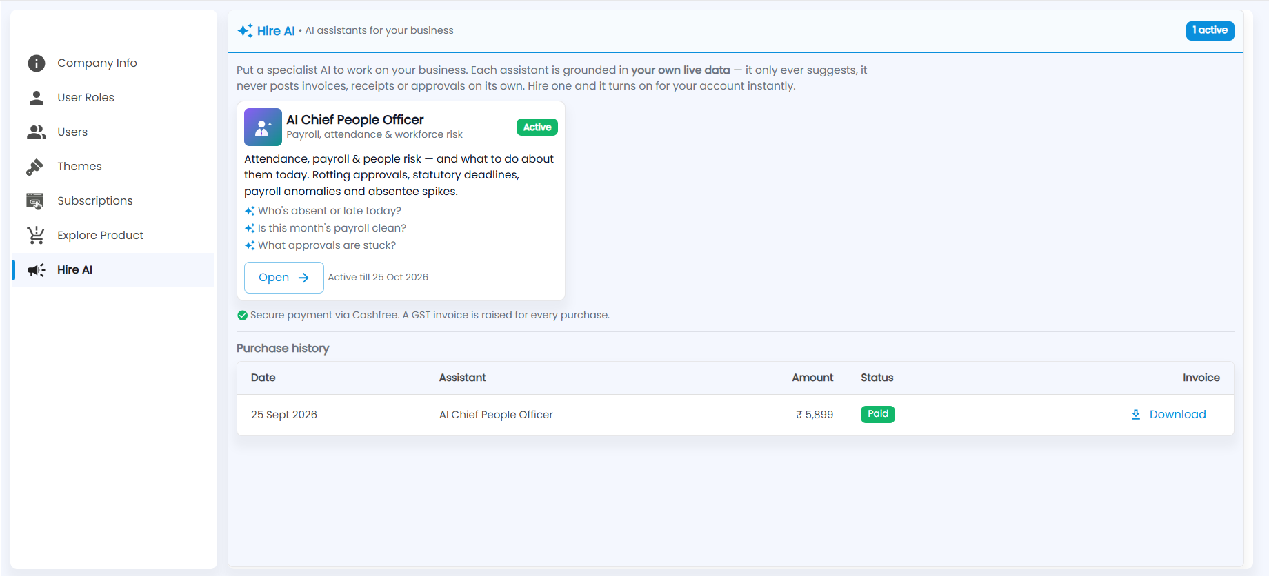 Tazk Payroll Settings Hire AI with the AI Chief People Officer card, Open, its active-till date and the purchase history