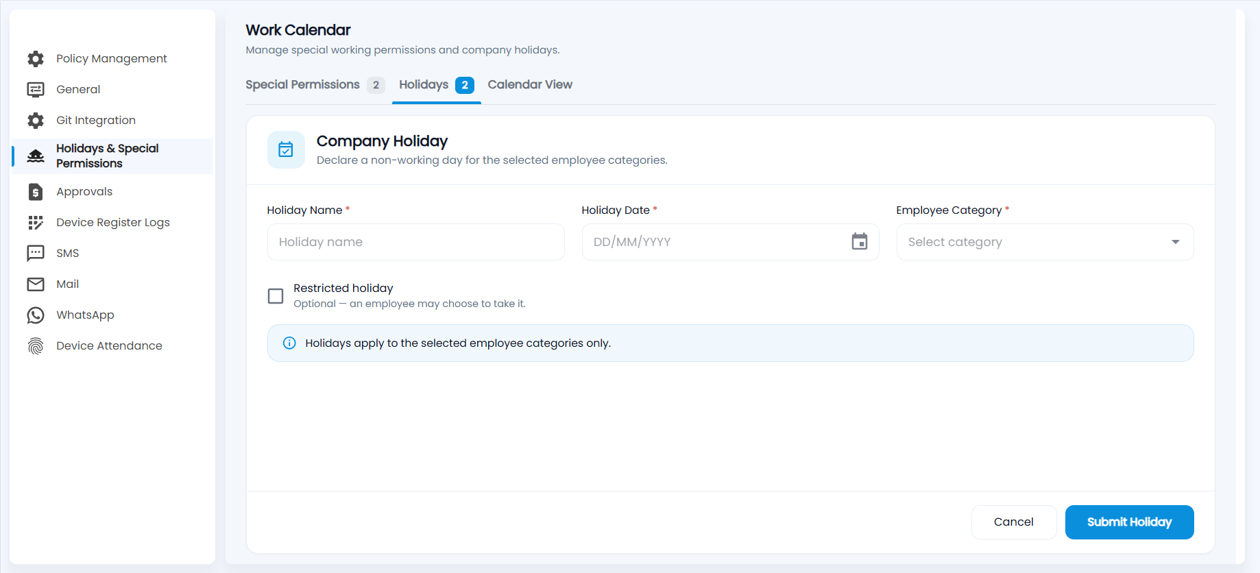 Tazk Payroll Company Holiday form with Holiday Name, Holiday Date, Employee Category and the Restricted holiday option