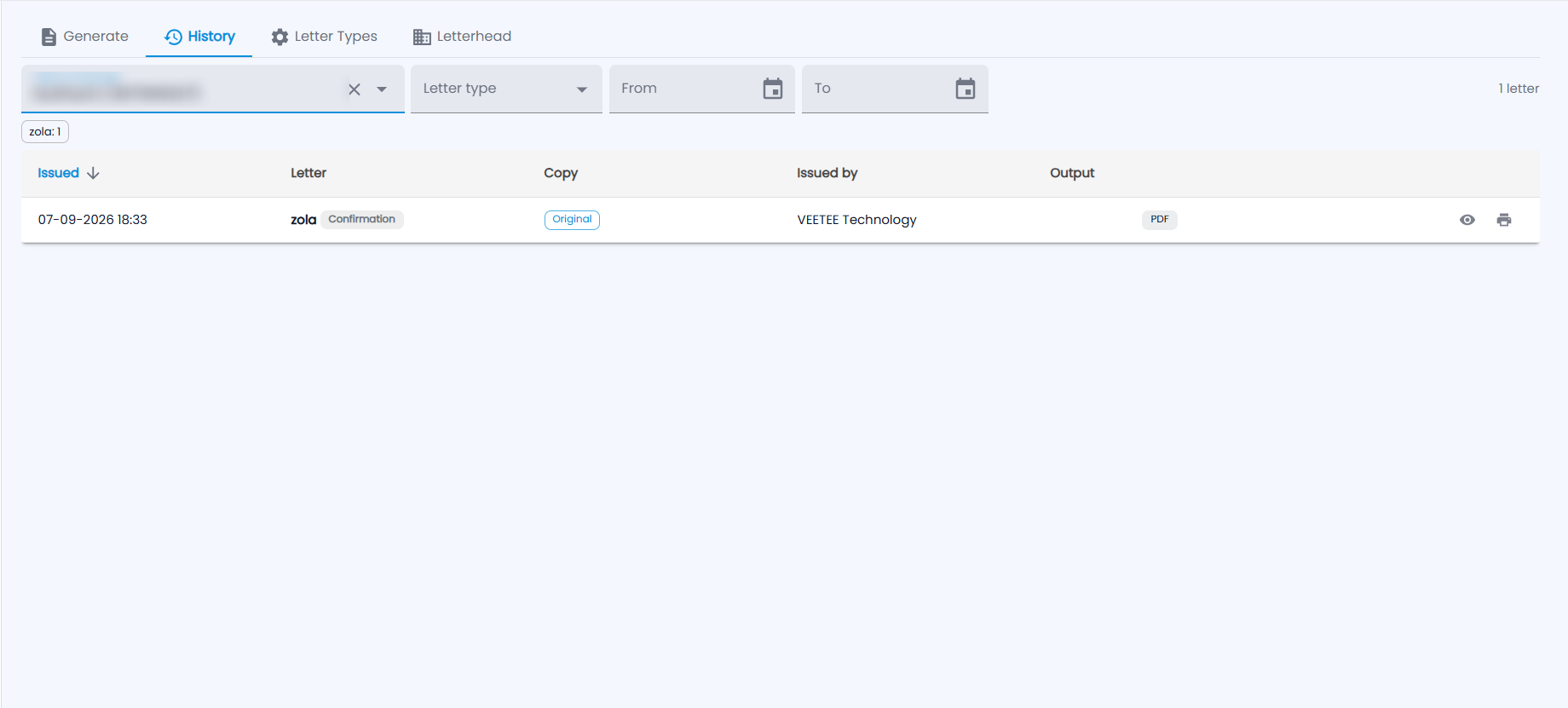 Tazk Payroll HR Letters History tab filtered by employee, with issued date, letter, copy, issued by, output and preview and print actions