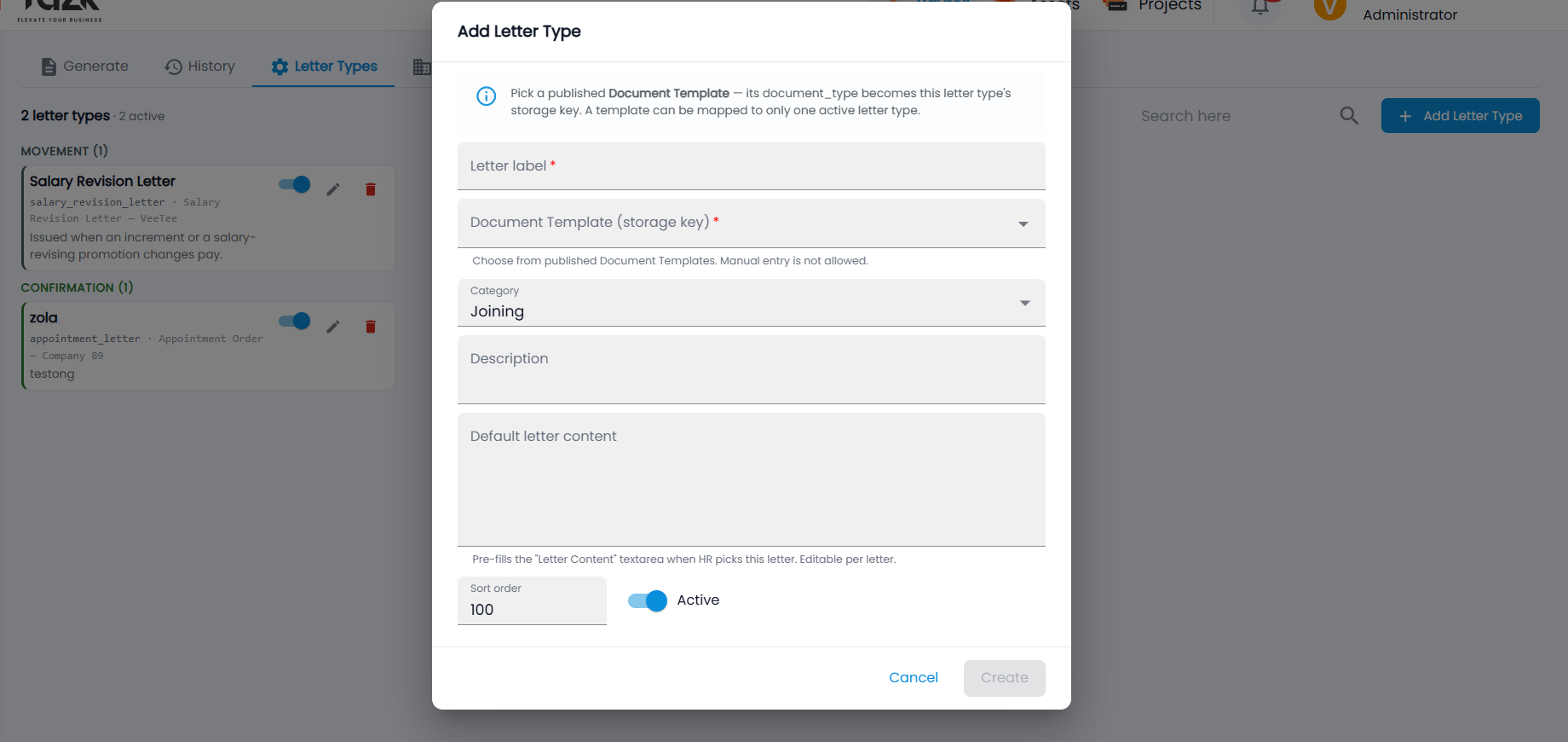 Tazk Payroll Add Letter Type dialog with Letter label, Document Template, Category, Description, Default letter content, Sort order and Active