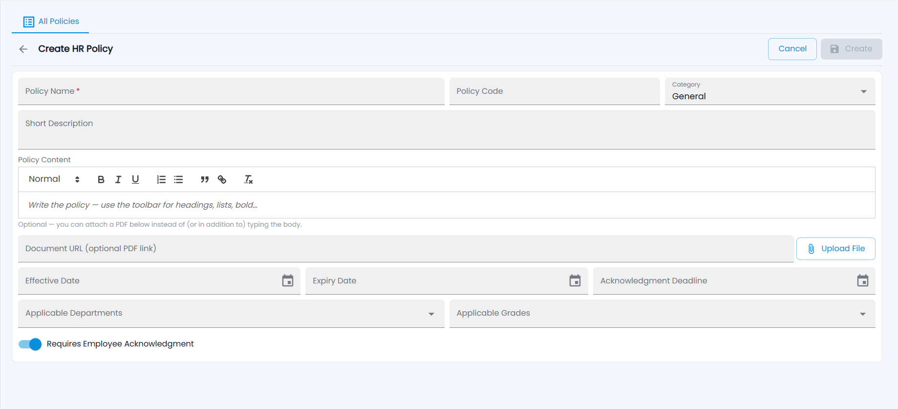 Tazk Payroll Create HR Policy form with Policy Name, Policy Code, Category, Short Description, Policy Content editor, Document URL and Upload File, dates, applicable departments and grades, and Requires Employee Acknowledgment