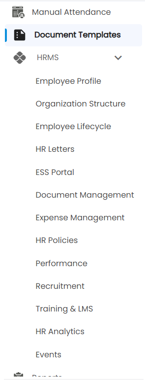 Tazk Payroll HRMS sub-menu expanded, from Employee Profile to Events