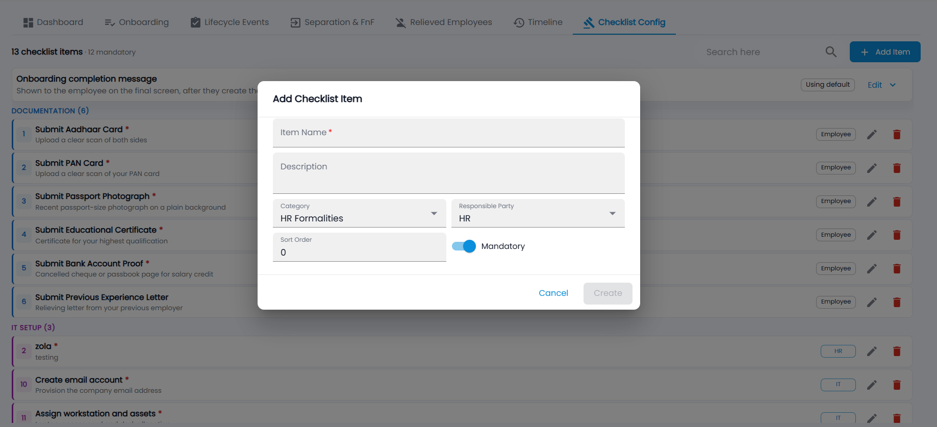 Tazk Payroll Add Checklist Item dialog with Item Name, Description, Category, Responsible Party, Sort Order and Mandatory