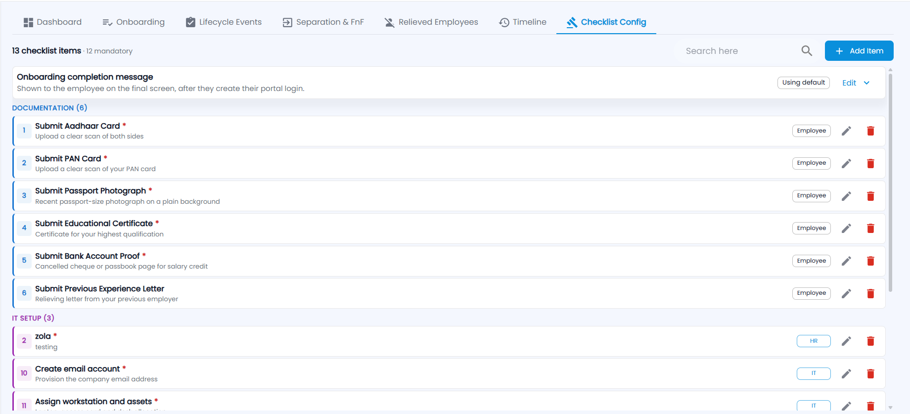 Tazk Payroll Checklist Config tab with the onboarding completion message and checklist items grouped by category with responsible party