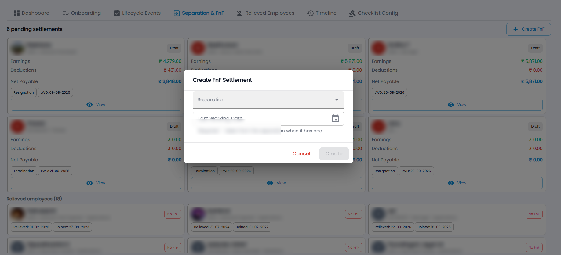 Tazk Payroll Create FnF Settlement dialog with Separation and Last Working Date