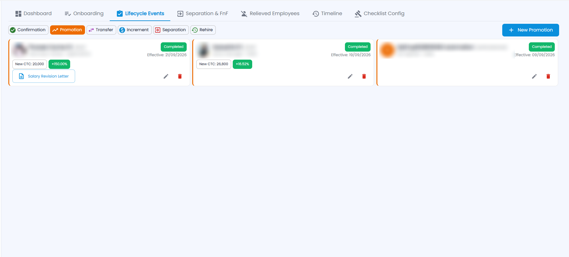 Tazk Payroll Employee Lifecycle Events tab with Confirmation, Promotion, Transfer, Increment, Separation and Rehire, and completed promotion cards with new CTC and Salary Revision Letter