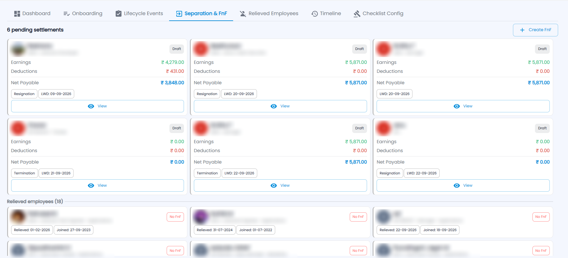 Tazk Payroll Separation & FnF tab with pending settlement cards showing earnings, deductions, net payable, separation type and last working date, and relieved employees below
