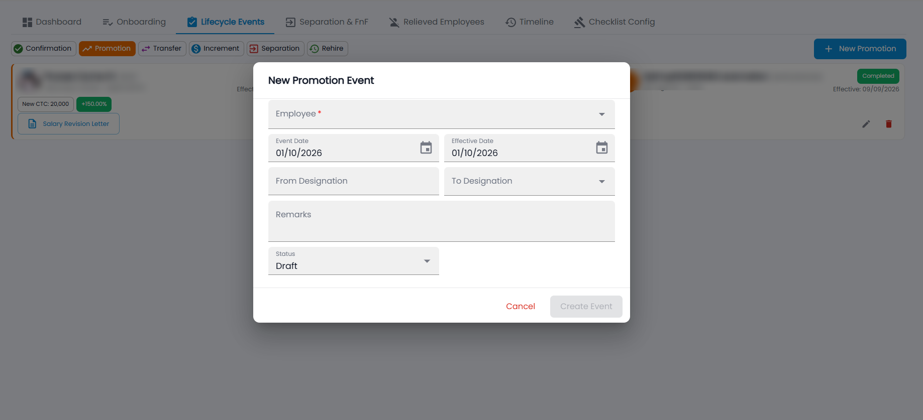 Tazk Payroll New Promotion Event dialog with Employee, Event Date, Effective Date, From and To Designation, Remarks and Status