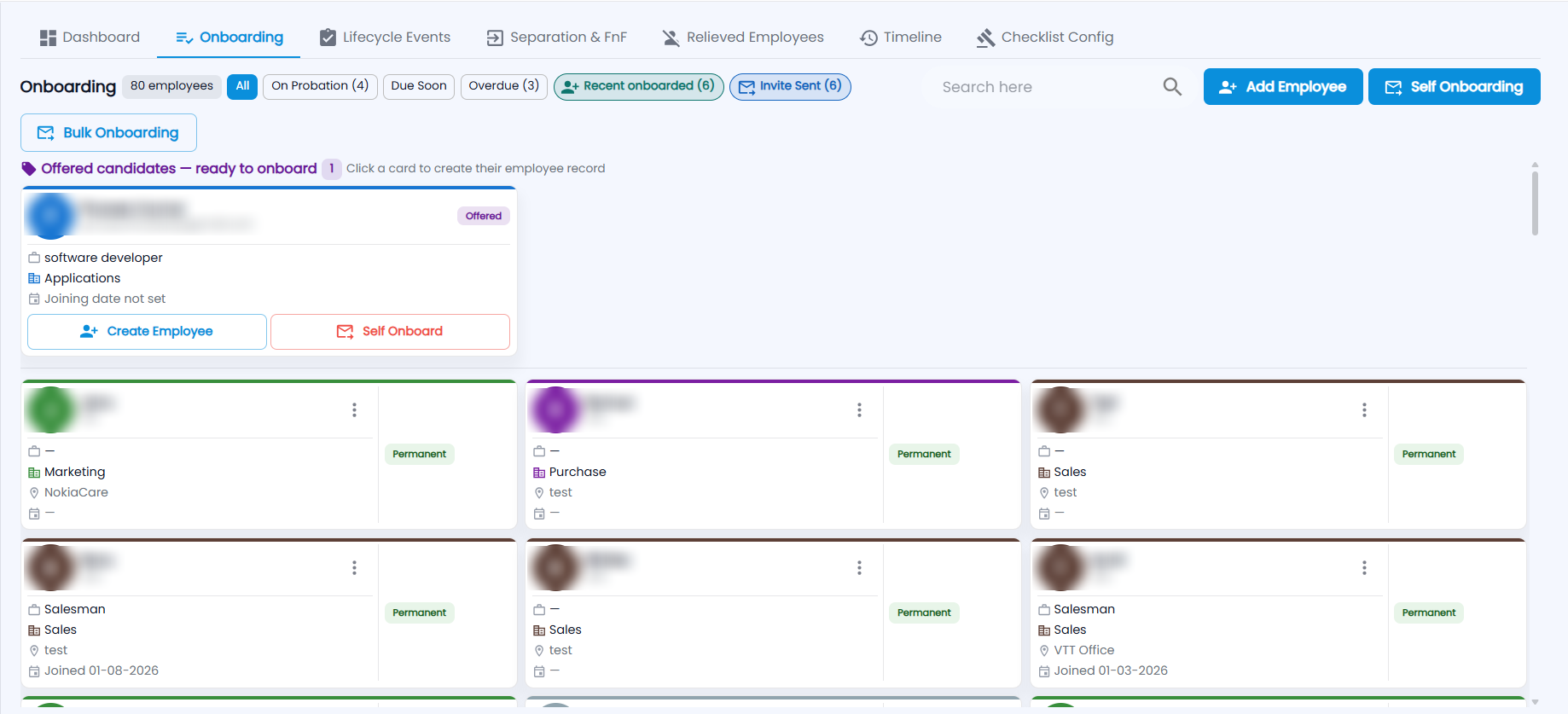 Tazk Payroll Employee Lifecycle Onboarding tab with filter chips, Add Employee, Self Onboarding and Bulk Onboarding, an offered candidate card and employee cards
