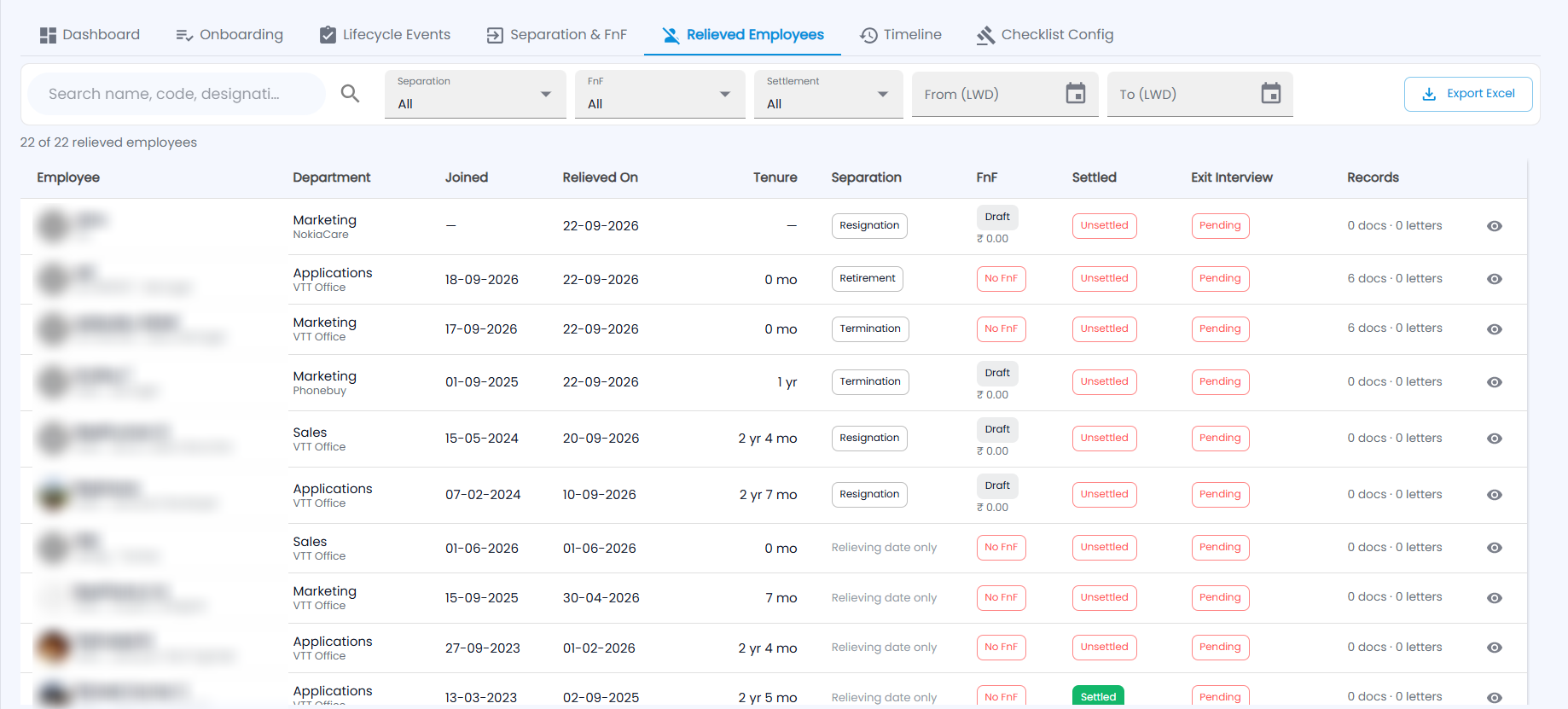 Tazk Payroll Relieved Employees tab with search, separation, FnF and settlement filters, LWD dates, Export Excel and the list of relieved employees