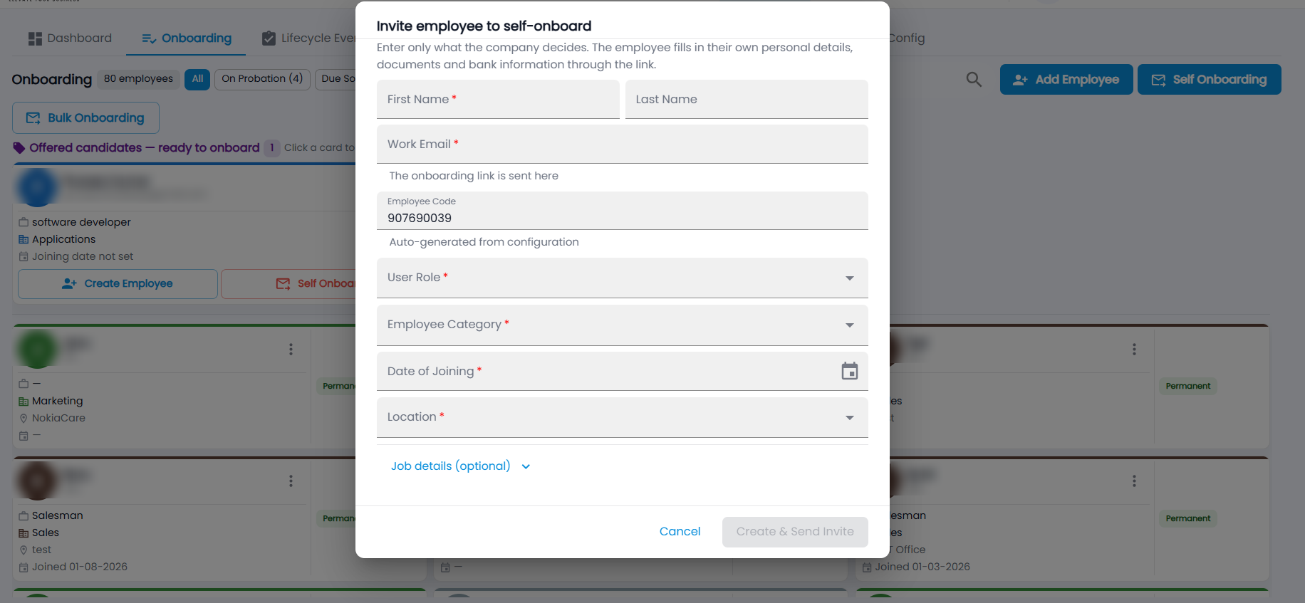 Tazk Payroll Invite employee to self-onboard dialog with First Name, Last Name, Work Email, Employee Code, User Role, Employee Category, Date of Joining and Location