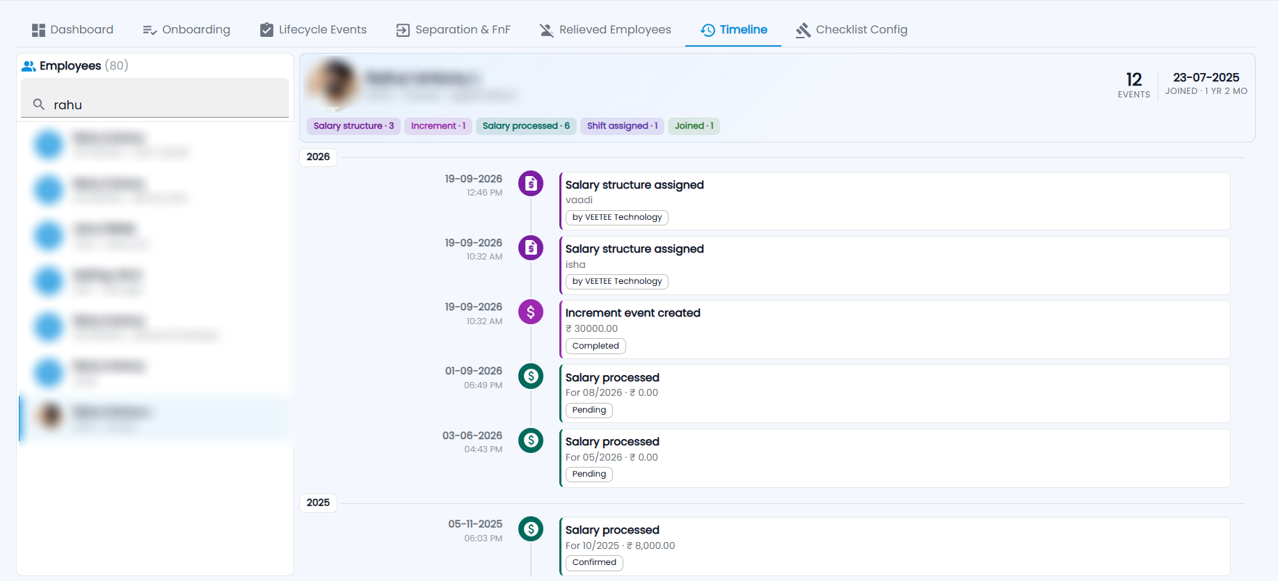 Tazk Payroll Employee Lifecycle Timeline tab with the employee search list and a year-by-year timeline of salary, increment and payroll events