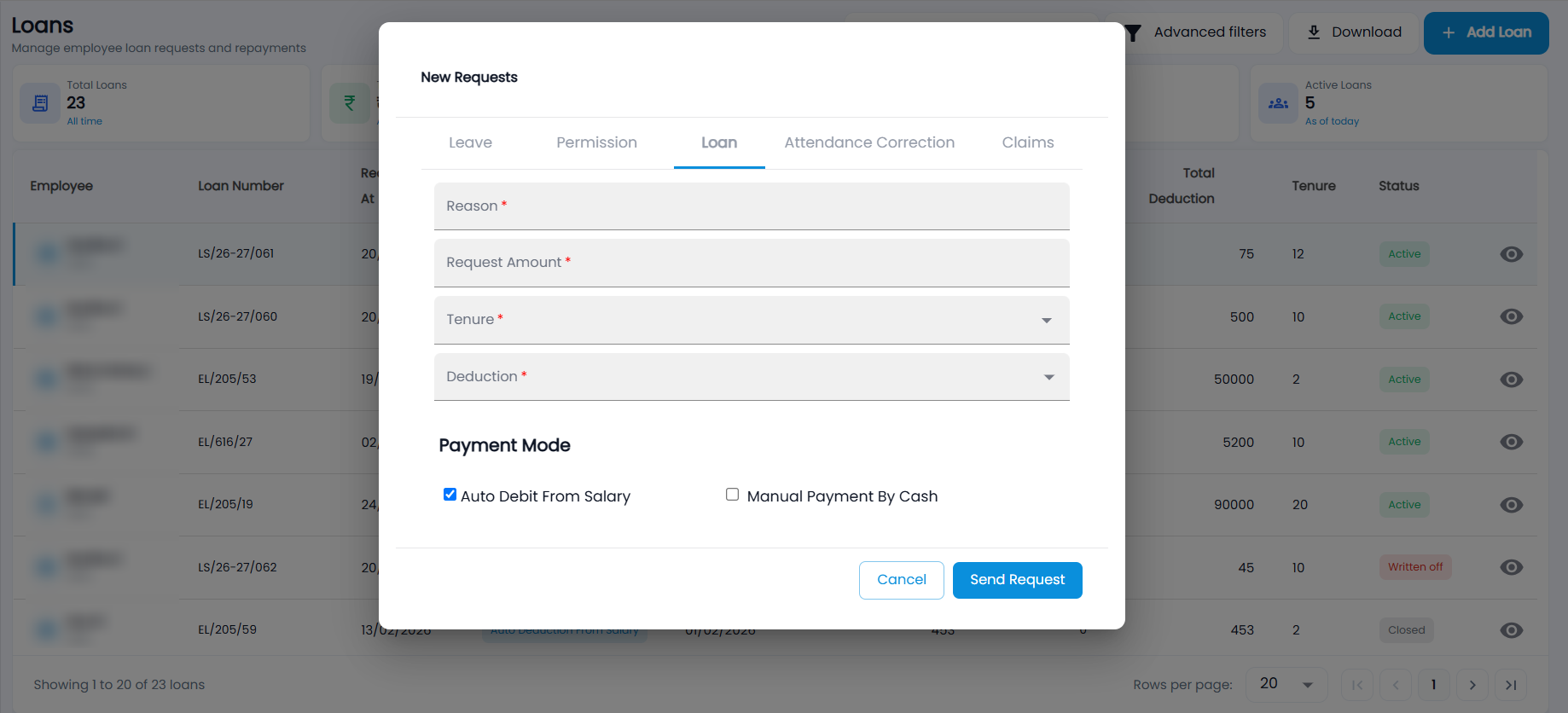 Tazk Payroll New Requests dialog, Loan tab, with Reason, Request Amount, Tenure, Deduction and Payment Mode