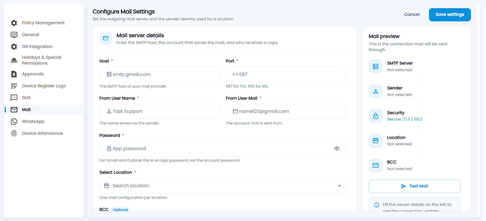 Tazk Payroll Configure Mail Settings with Host, Port, From User Name, From User Mail, Password and Select Location and the Mail preview with Test Mail