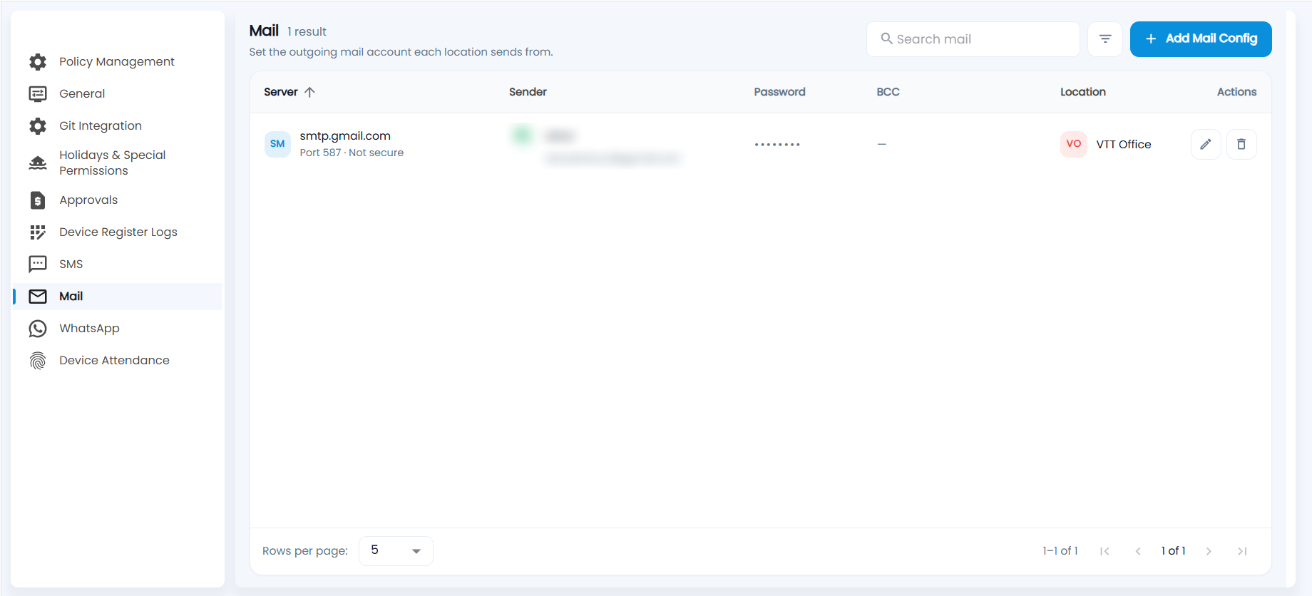 Tazk Payroll Mail configuration list with server and port, sender, masked password, BCC and location
