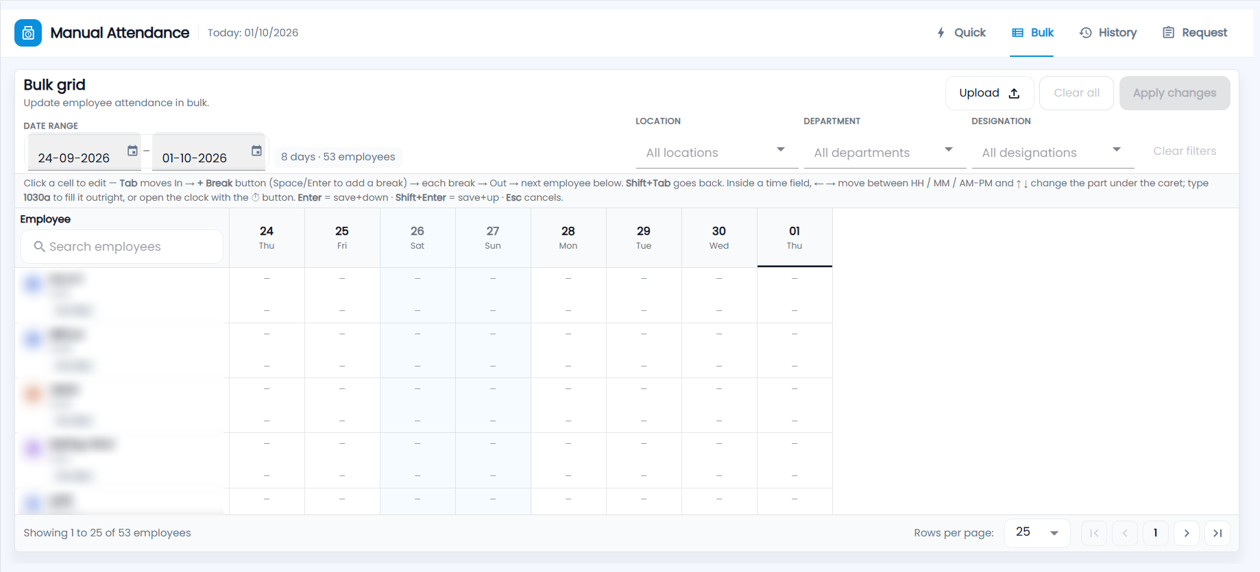 Tazk Payroll Manual Attendance Bulk grid with the date range, location, department and designation filters, and a grid of employees by day