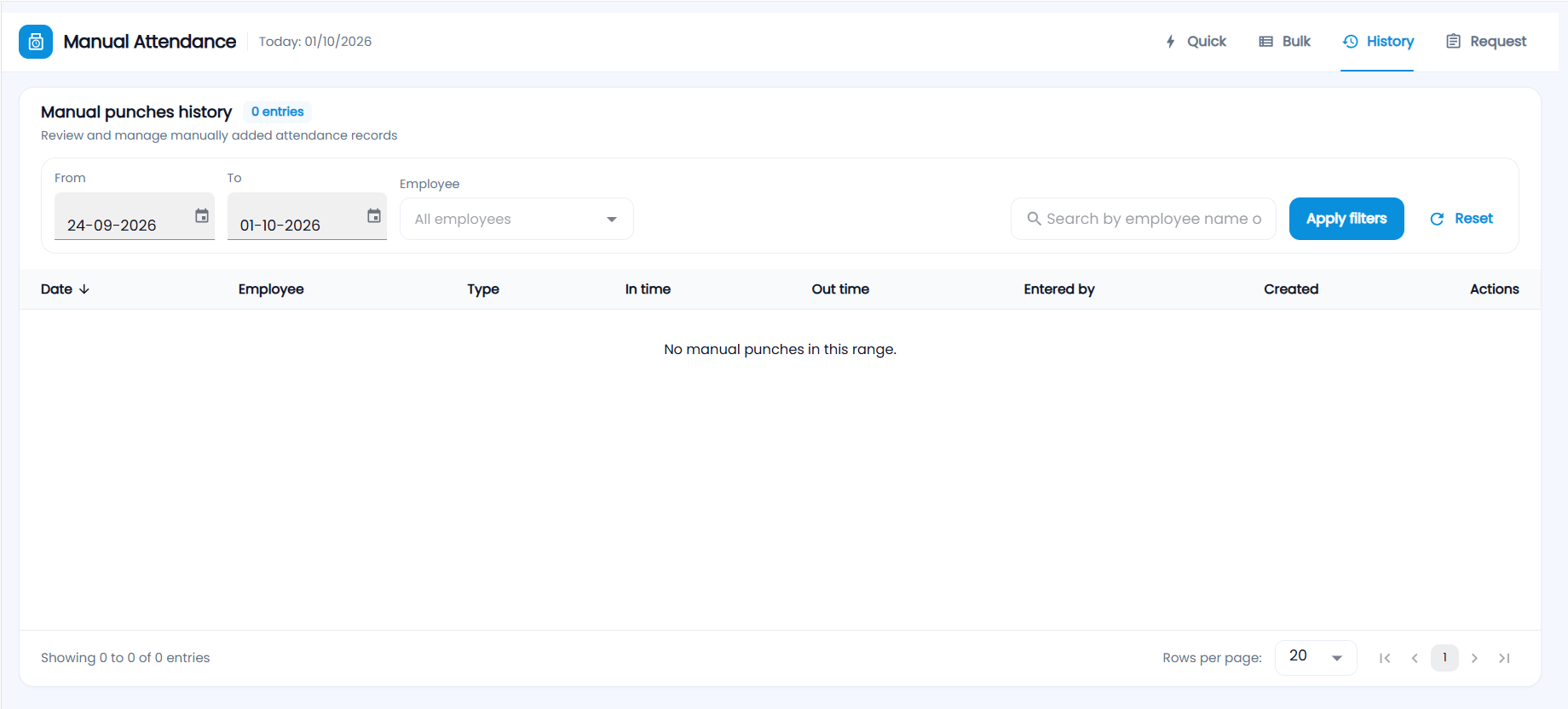 Tazk Payroll Manual Attendance History tab, Manual punches history with From, To, Employee and search filters