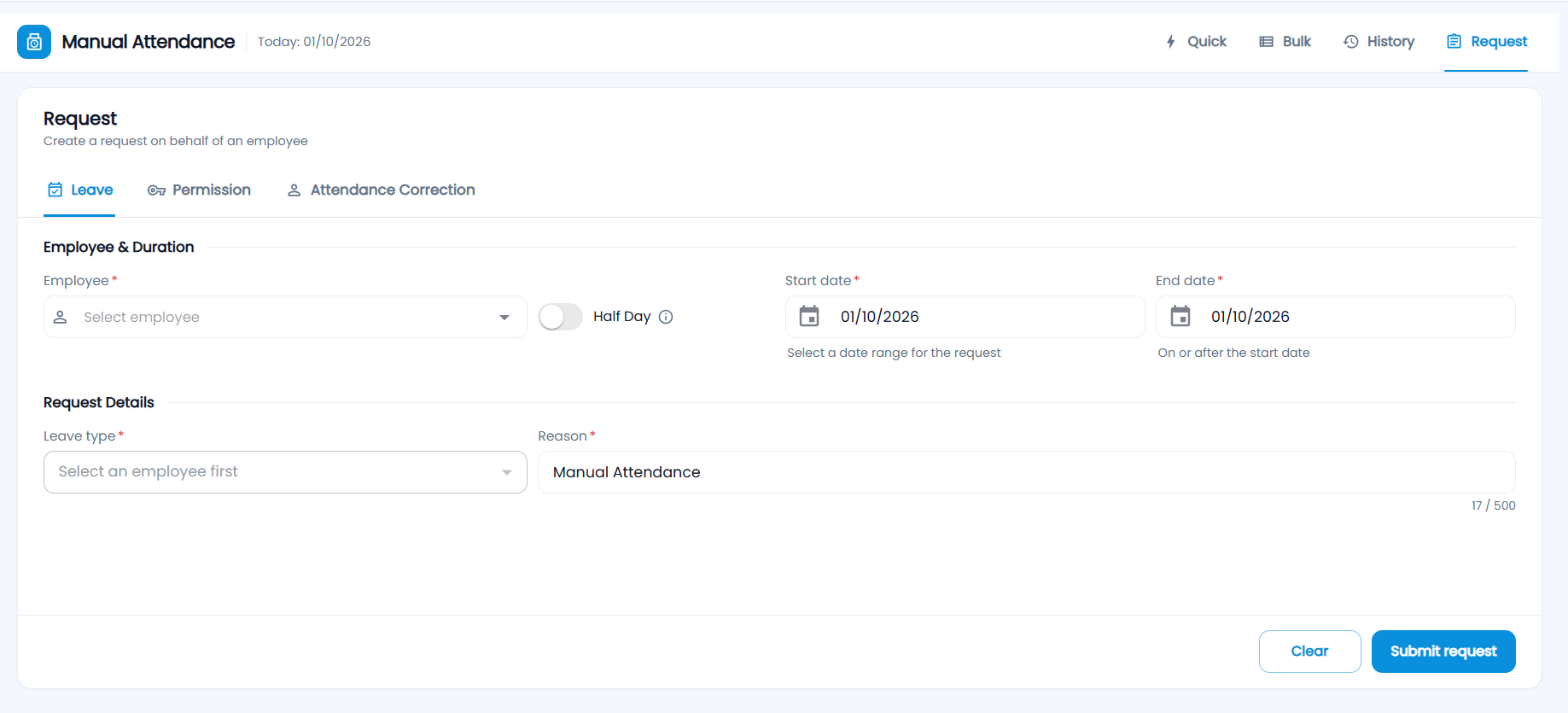Tazk Payroll Manual Attendance Request tab, Leave form with Employee, Half Day, Start date, End date, Leave type and Reason