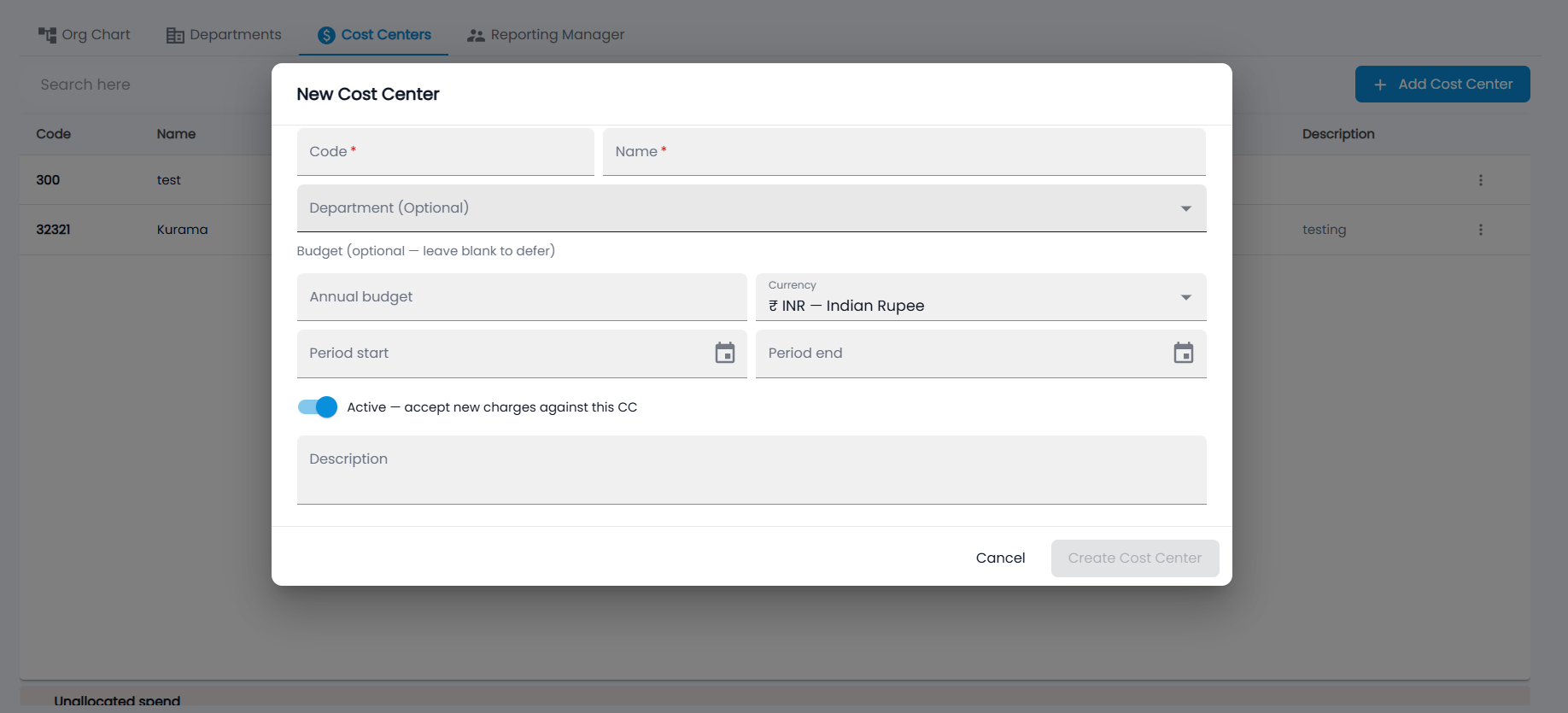 Tazk Payroll New Cost Center dialog with Code, Name, Department, Annual budget, Currency, Period start and end, Active switch and Description