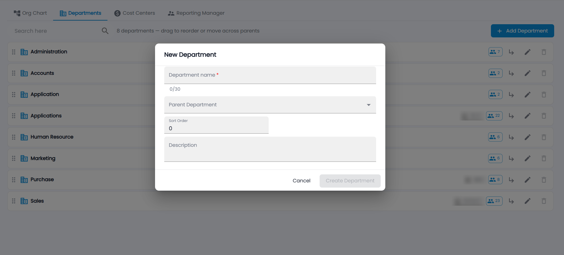 Tazk Payroll New Department dialog with Department name, Parent Department, Sort Order and Description