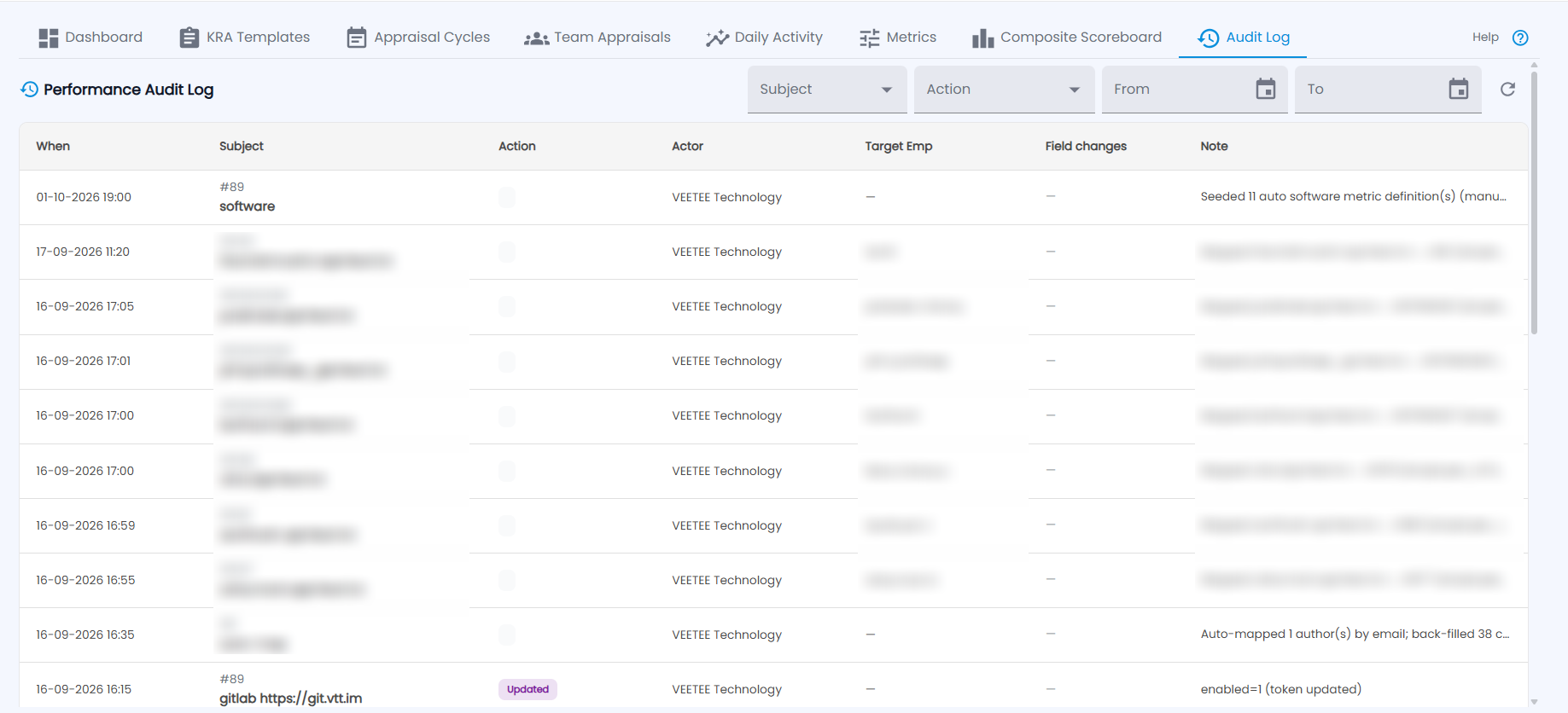 Tazk Payroll Performance Audit Log with subject, action and date filters and a list of changes with actor, target employee and note