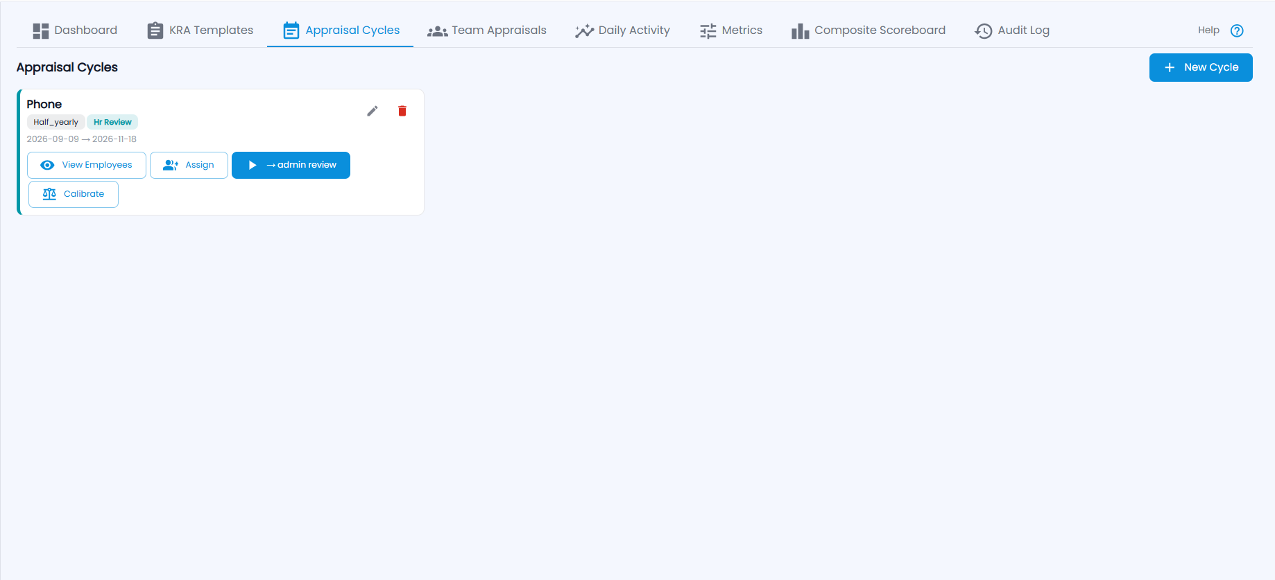 Tazk Payroll Performance Appraisal Cycles with a cycle card showing type, stage, dates and View Employees, Assign, the next-stage button and Calibrate