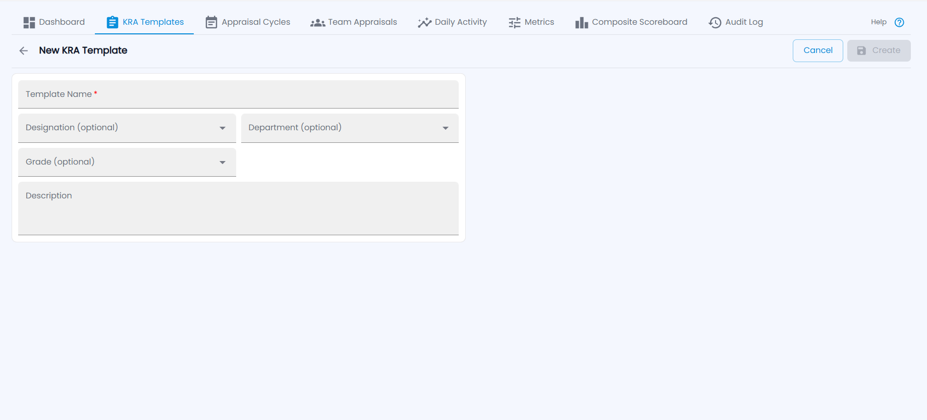 Tazk Payroll New KRA Template form with Template Name, Designation, Department, Grade and Description