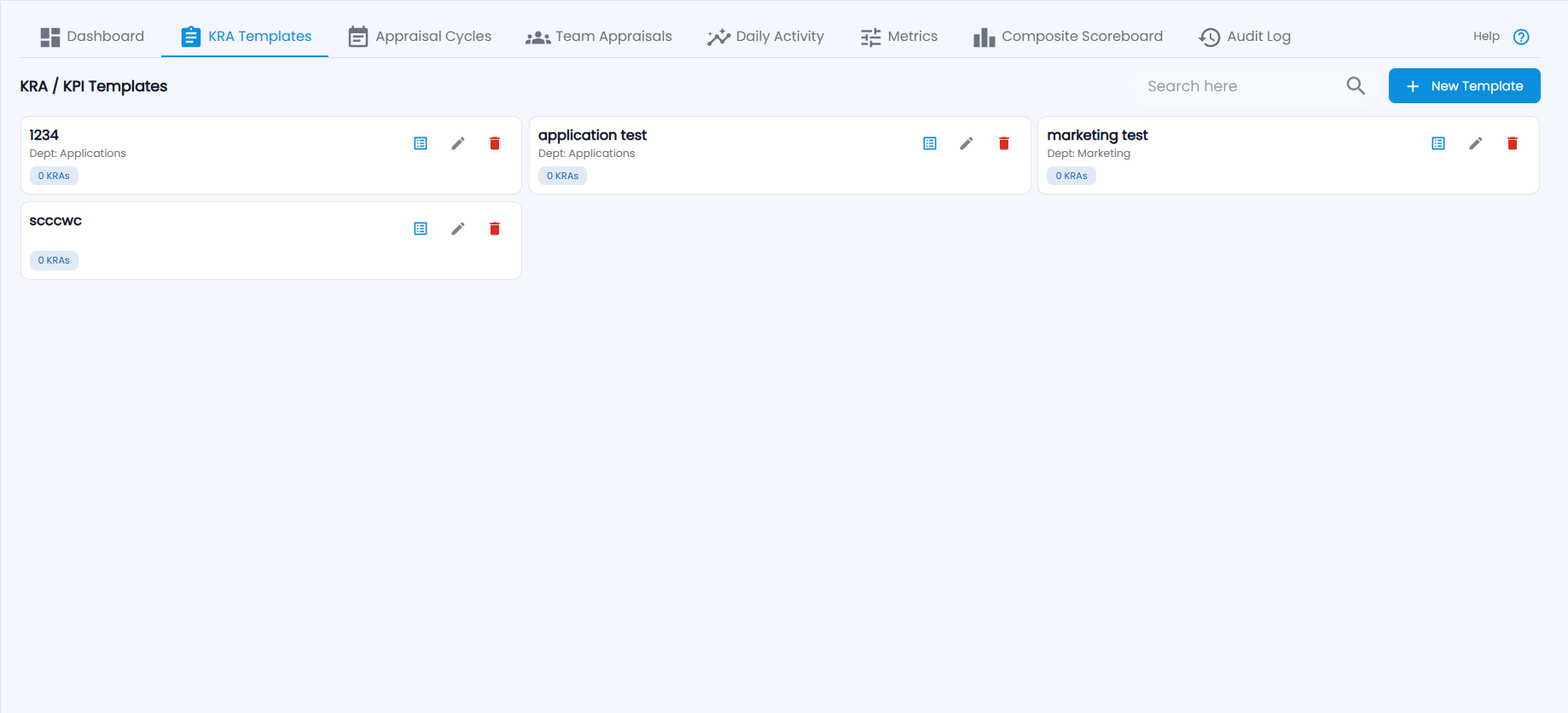 Tazk Payroll Performance KRA / KPI Templates with template cards showing department and number of KRAs