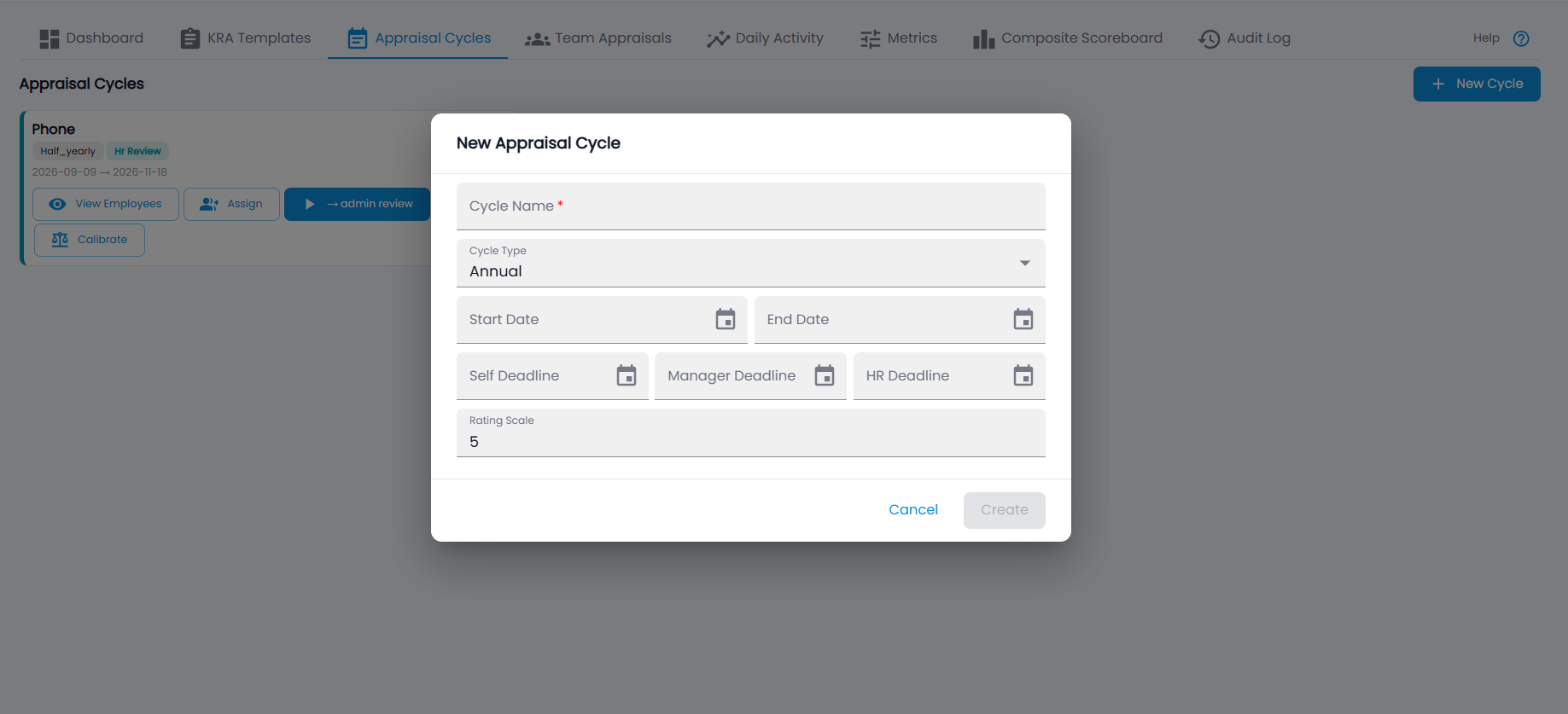 Tazk Payroll New Appraisal Cycle dialog with Cycle Name, Cycle Type, Start and End Date, Self, Manager and HR Deadlines and Rating Scale