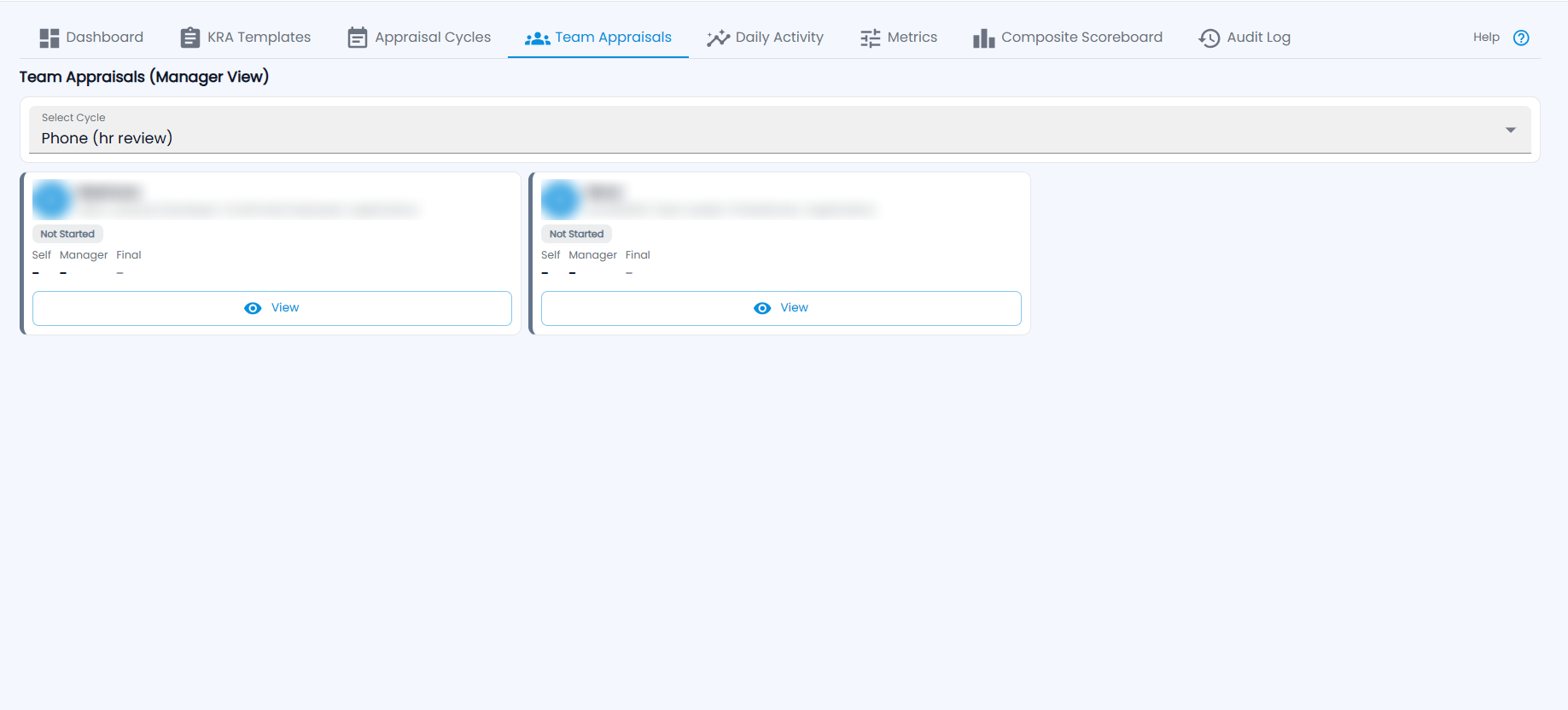 Tazk Payroll Performance Team Appraisals (Manager View) with the cycle selector and employee cards showing status and Self, Manager and Final scores