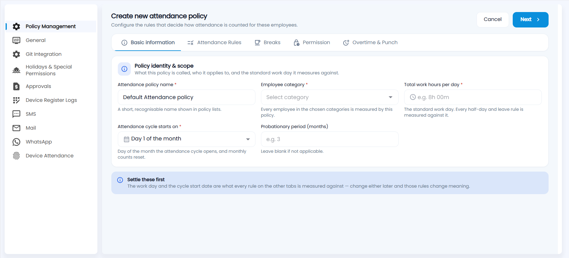 Create new attendance policy — Basic information with policy name, employee category, total work hours per day, cycle start and probationary period