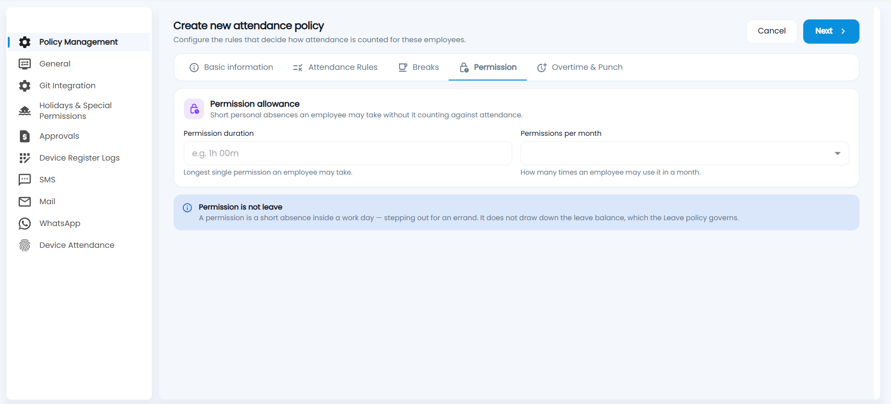 Permission tab with permission duration and permissions per month