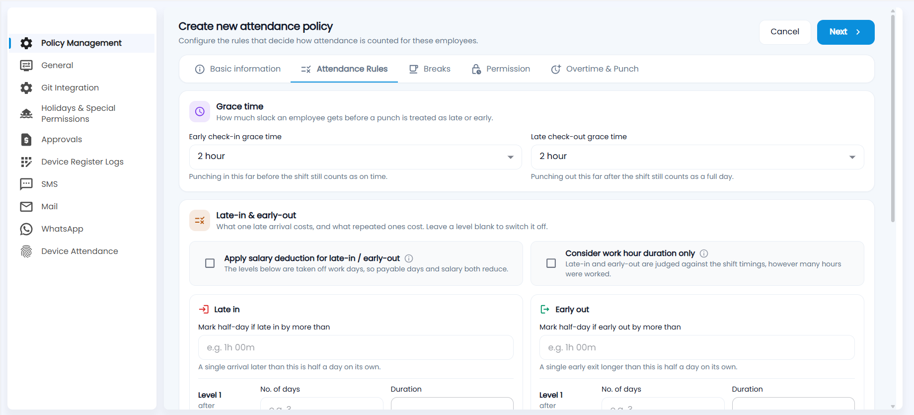 Attendance Rules tab with grace time, the late-in and early-out options and the Late in and Early out levels