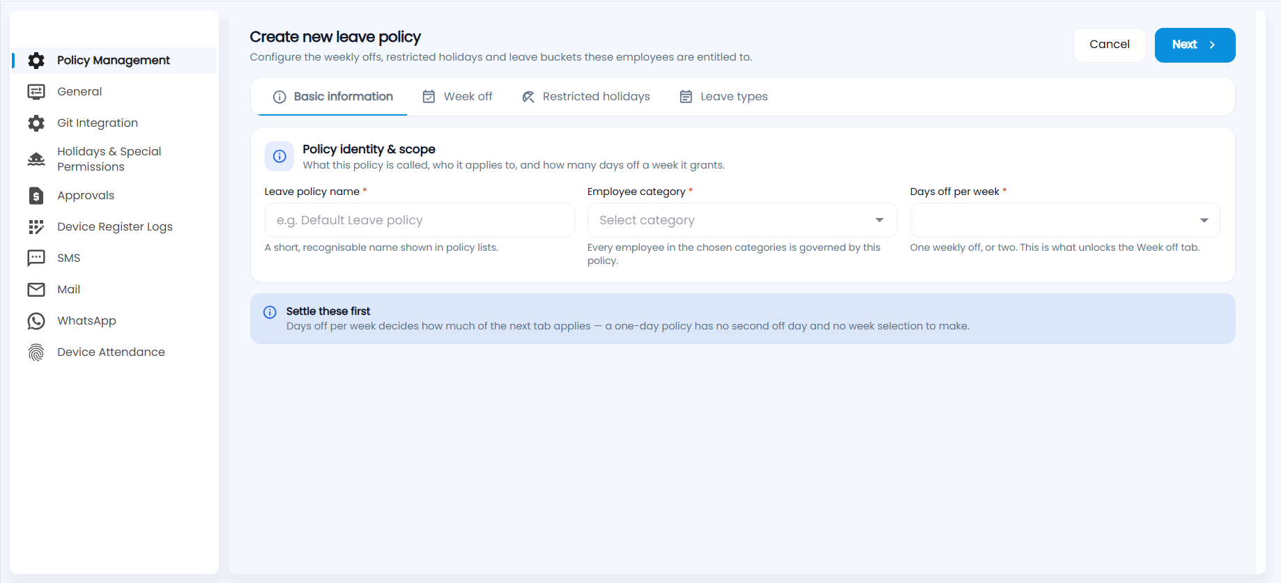 Create new leave policy — Basic information with leave policy name, employee category and days off per week